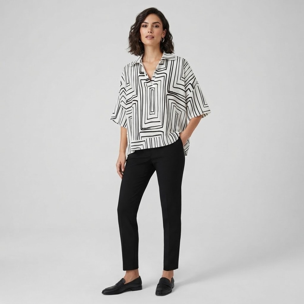 Joseph Ribkoff Tunic Top Womens 2 White Black Geometric Boxy V-Neck Blouse